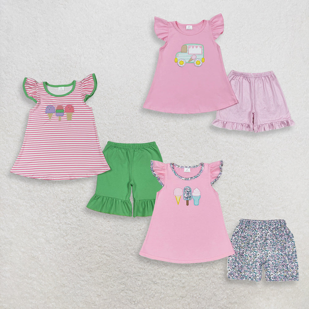 Sibling Baby Girls Kids Short Sleeves Embroidery Popsicle Tops Shorts Sets Summer Clothes RTS