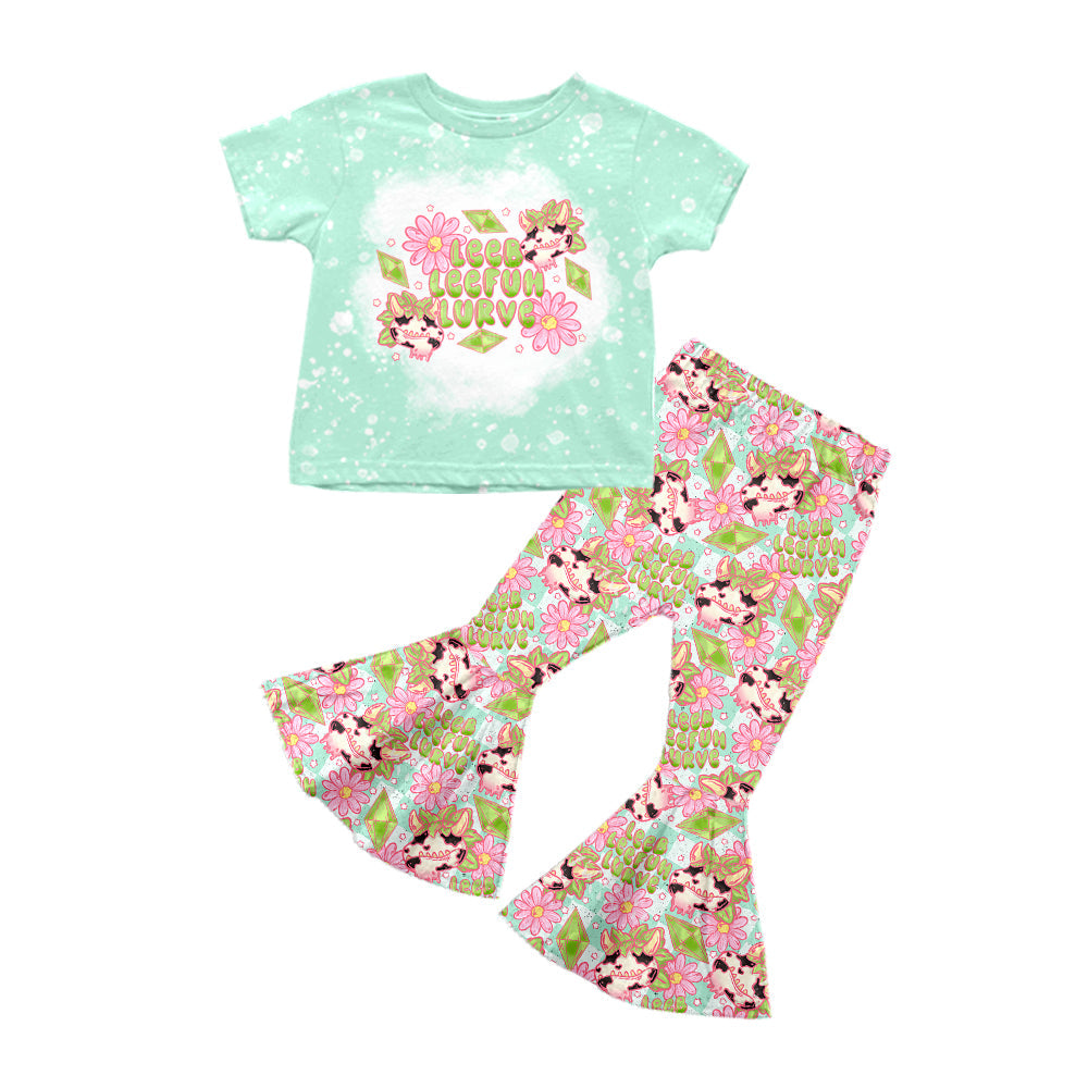 Baby Girl Green Short Sleeves Cow Flower Shirt Pants Western Set Moq 5