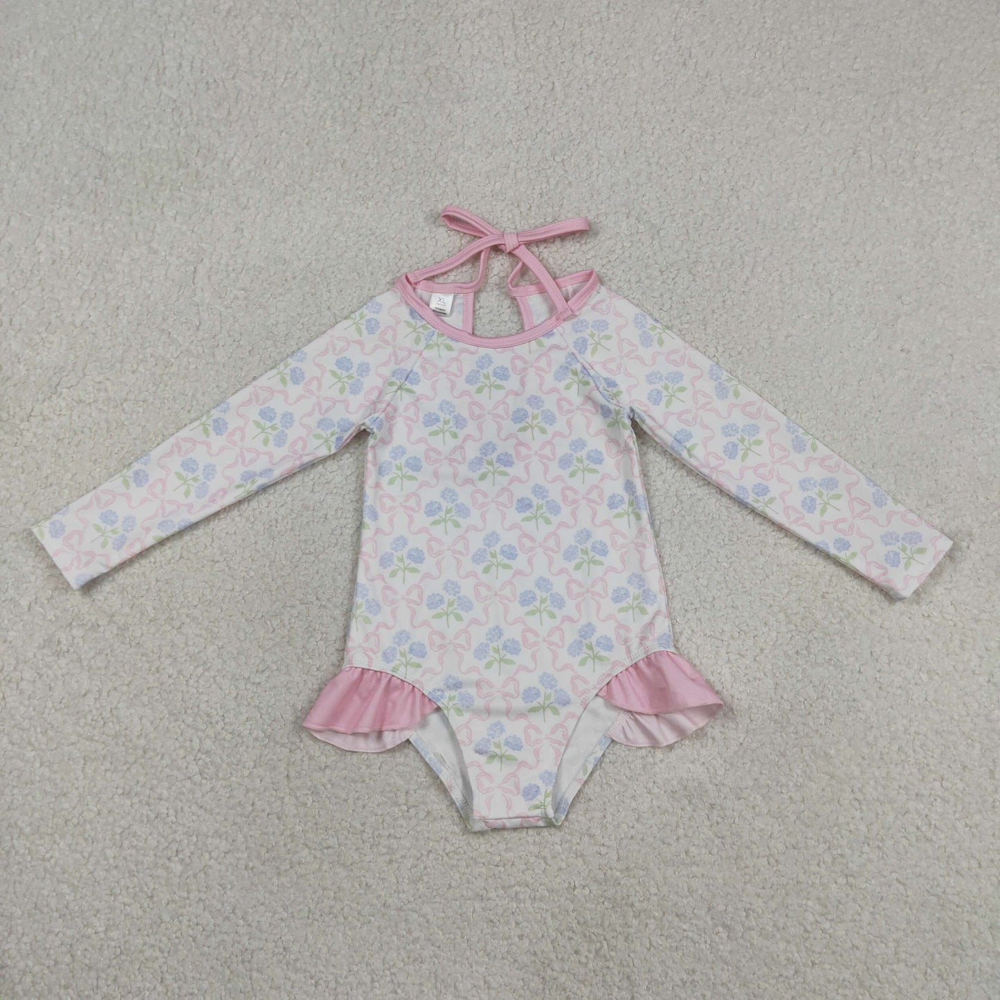 Baby Girls Kids Long Sleeves Bows Flower Pink Ruffle One-piece Swimsuit RTS