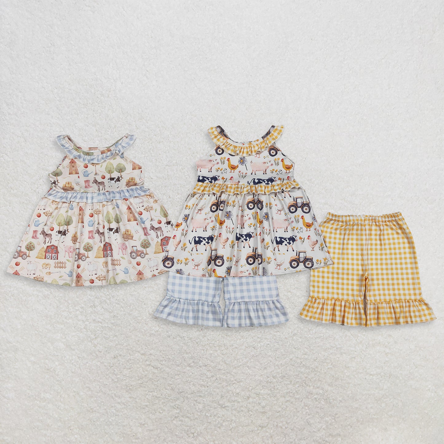 Sibling Baby Girls Kids Farm Animals Flower Ruffle Tops Plaid Shorts Summer Clothes Sets RTS