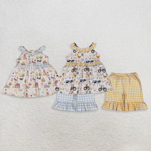 Sibling Baby Girls Kids Farm Animals Flower Ruffle Tops Plaid Shorts Summer Clothes Sets RTS