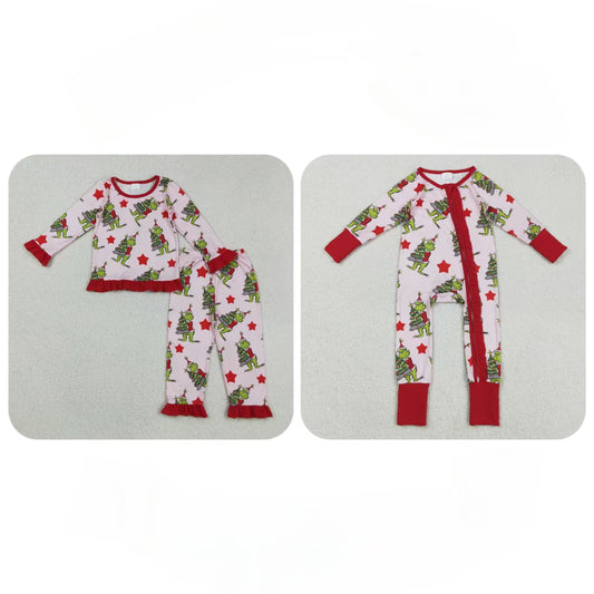 Girls Kids Long Sleeves Green Face Stars Sibling Christmas Zipper Footie Romper Pajamas Set RTS