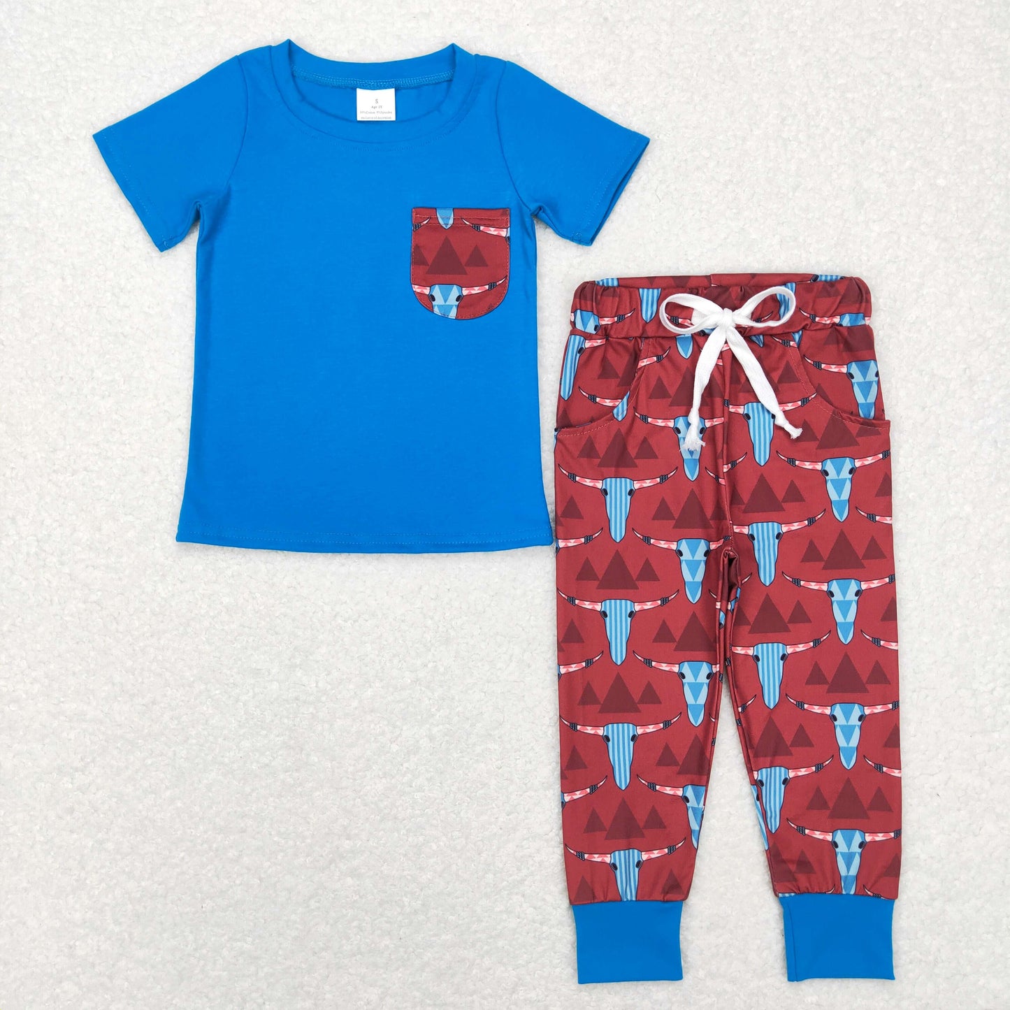 BSPO0188 Baby Boy Pocket Blue Shirt Western Cow Print Pants Set