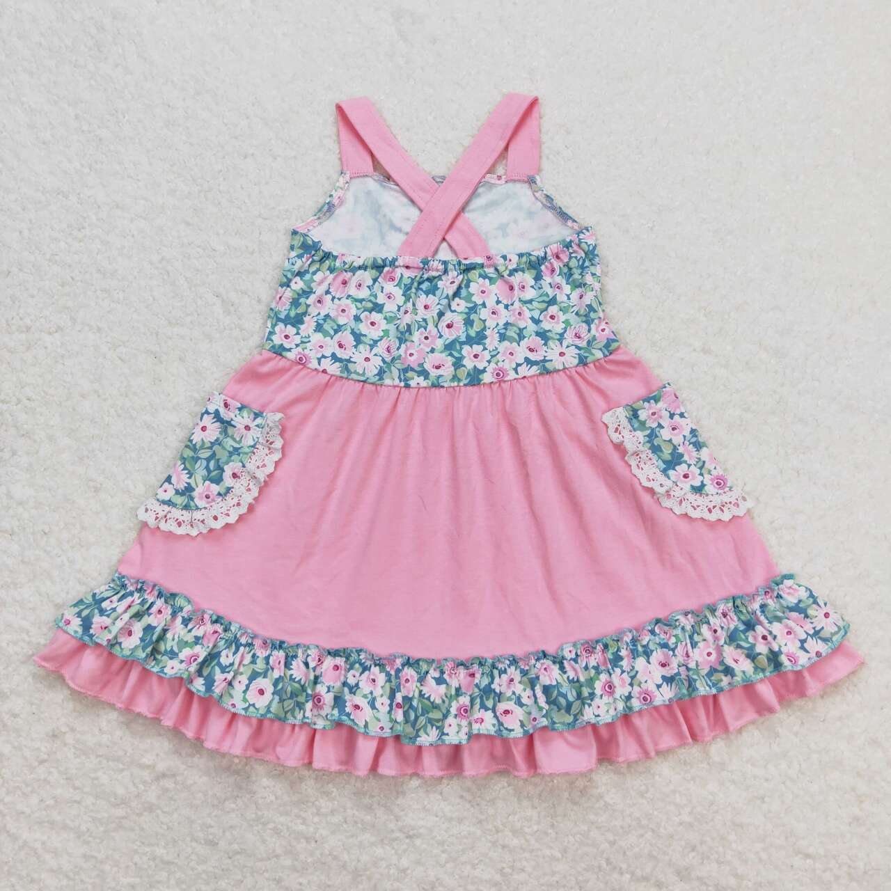 Baby Girl Sleeveless Floral Pocket Pink Ruffle Dress