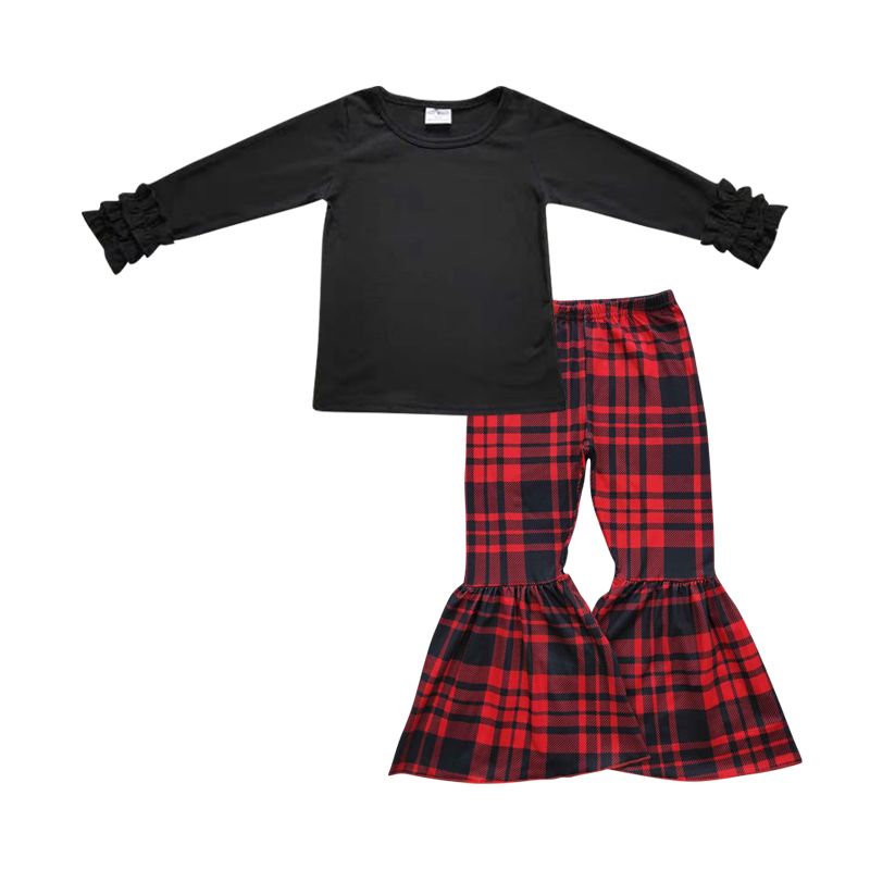 Baby Girl Long Sleeves Black Cotton Shirt Plaid Bell Pants Outfit