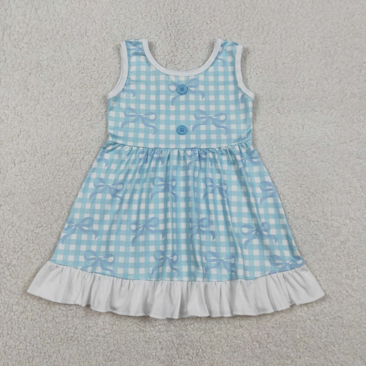 Baby Girls Kids Sleeveless Blue Bows Plaid Knee Length Dress RTS