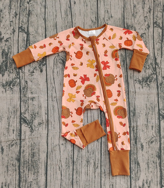 ( No moq ）Preorder Girls Kids turkey Pumpkin Bows Fall Thanksgiving Zipper Sleeper Romper