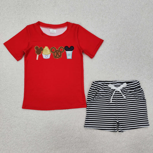 RTS Baby Boy Short Sleeves Cartoon Red Shirt Stripes Pocket Shorts Clothes Set