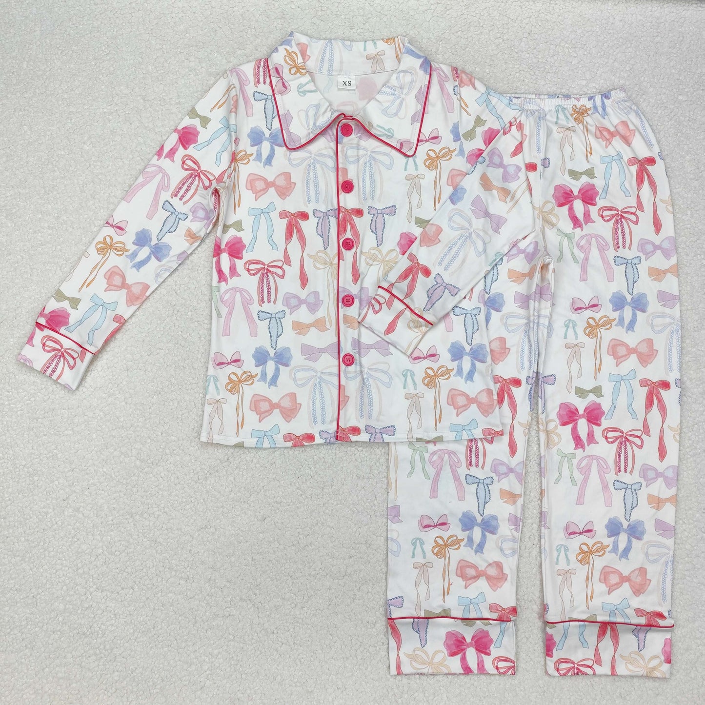 Adult Women Long Sleeves Colorful Bows Buttons Shirt Pants Pajamas Set