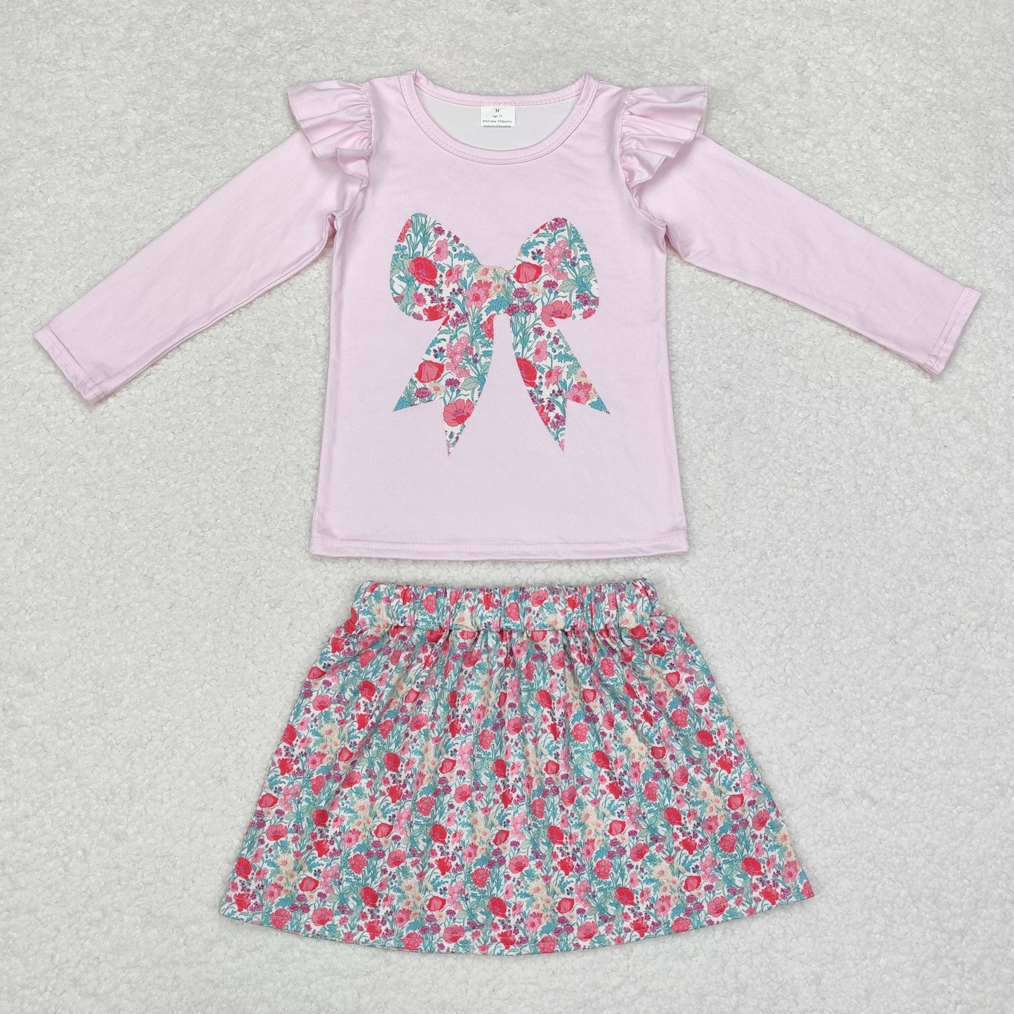 Pre-order Baby Girl Fall Pink Bow Shirt Flowers Skirt Set