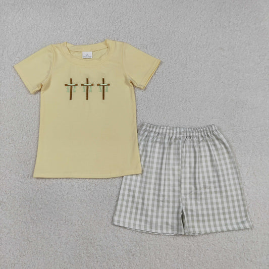 Baby Boys Kids Short Sleeves Embroidery Crosses Shirt Plaid Shorts Easter Clothes Set RTS