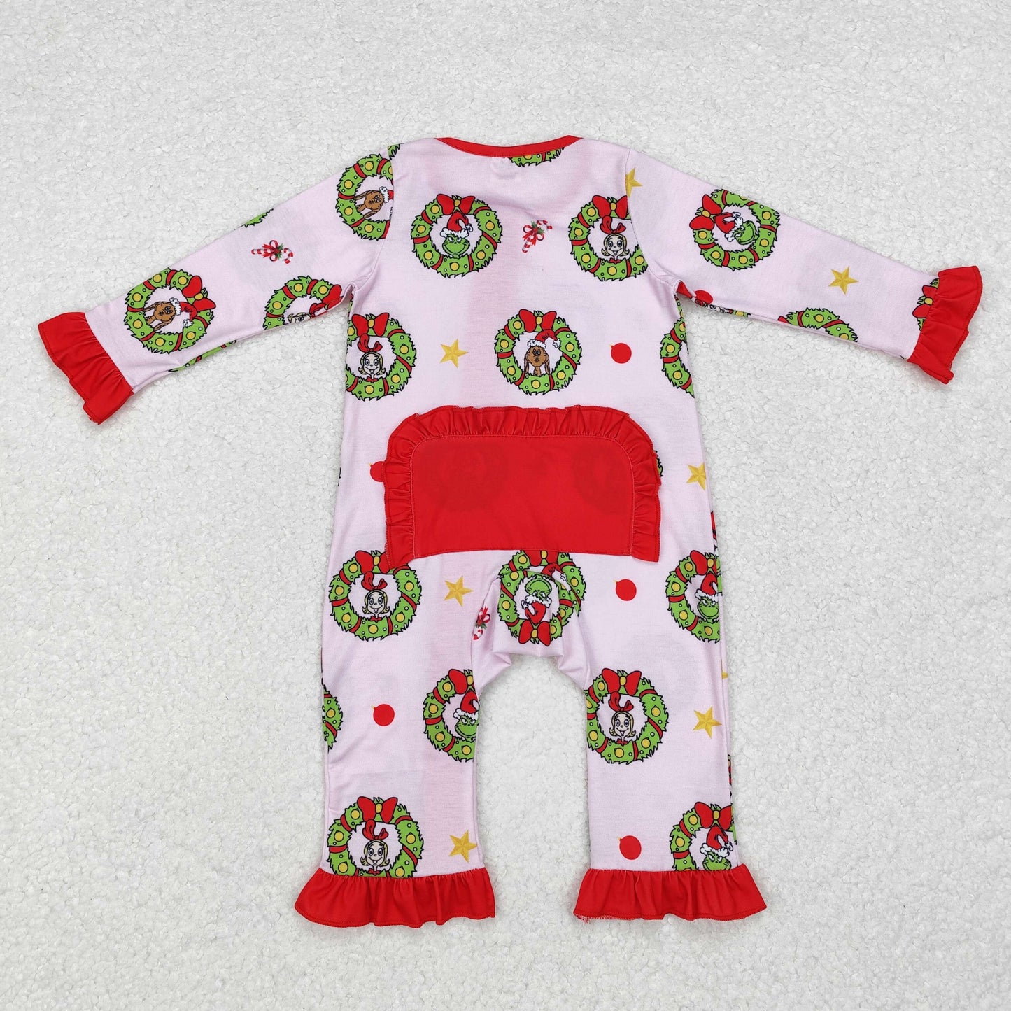 Baby Girl Christmas Green Face Zipper Pink Bamboo Romper