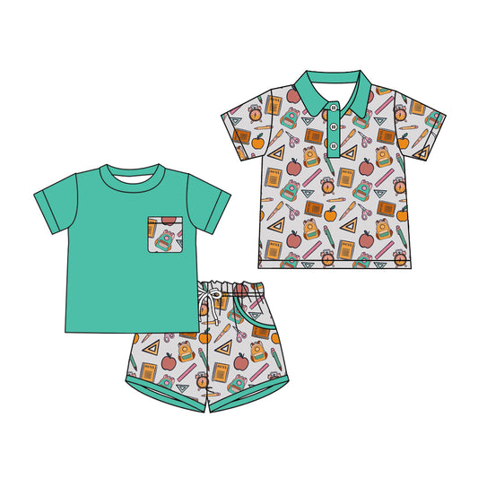 ( Moq 5 Each Style ) Baby Boys Kids Short Sleeves Pencil Sibling Back to School Green Shirt Set