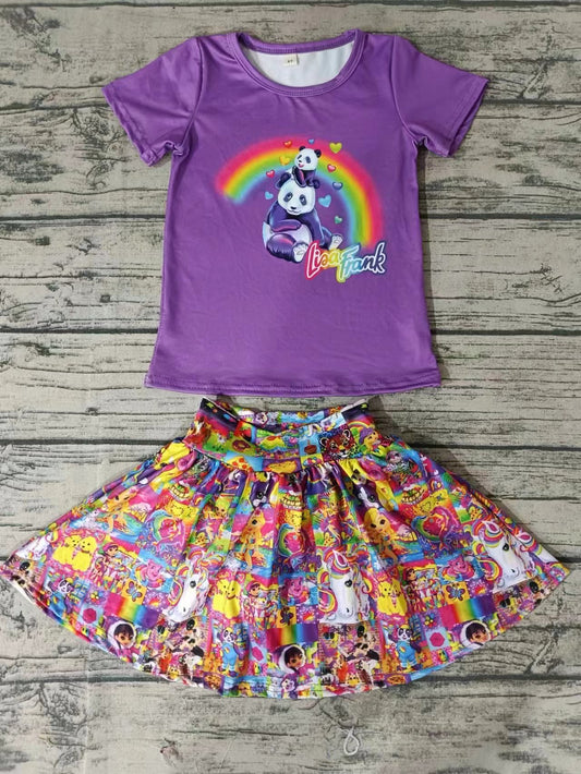 Moq 5 Baby Girl Short Sleeves Purple Shirt Cartoon Animals Skirt Set