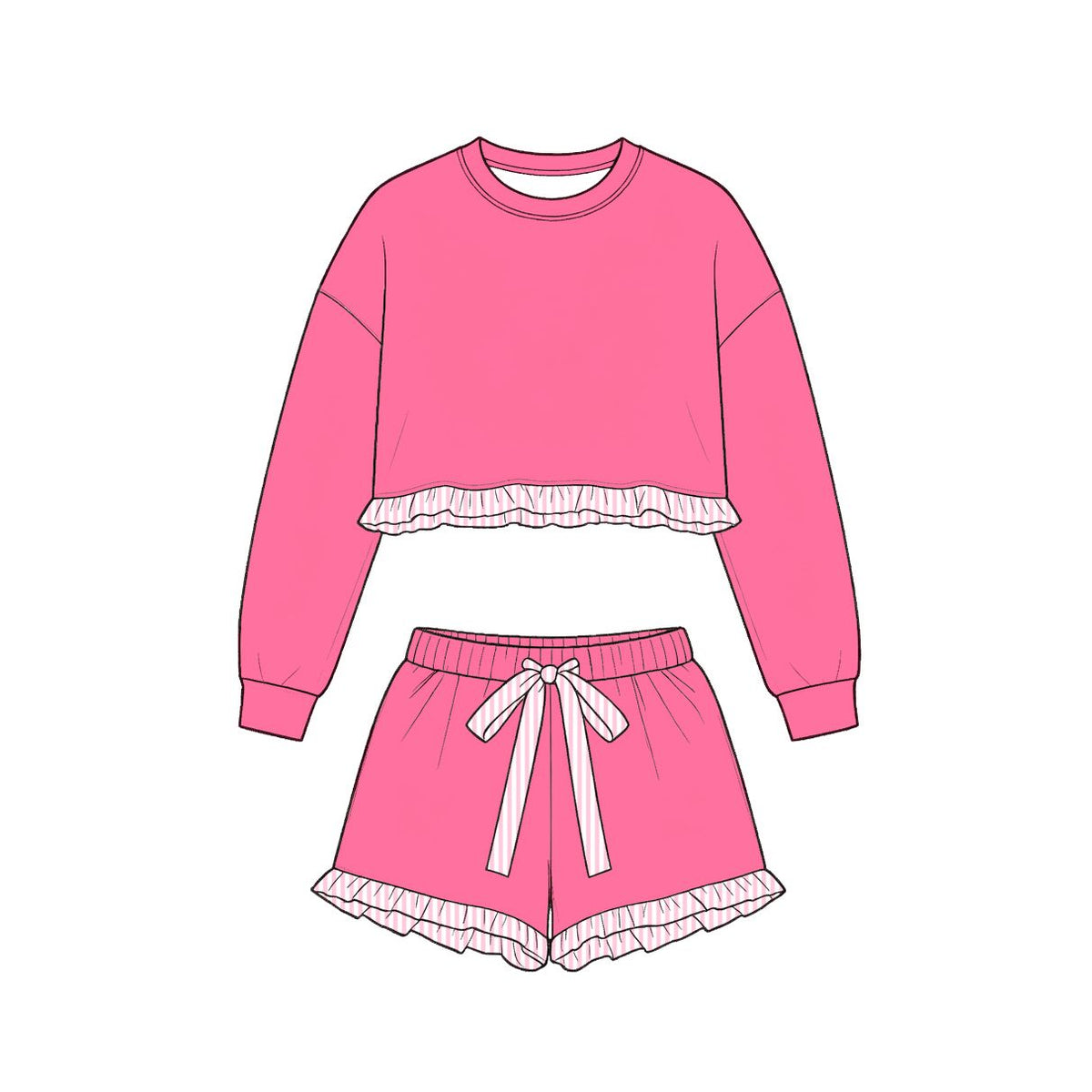 ( Moq 5 ) Preorder Baby Girls Kids Long Sleeves Pink Shirt Stripes Shorts Set Cotton Clothes