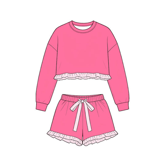 ( Moq 5 ) Preorder Baby Girls Kids Long Sleeves Pink Shirt Stripes Shorts Set Cotton Clothes