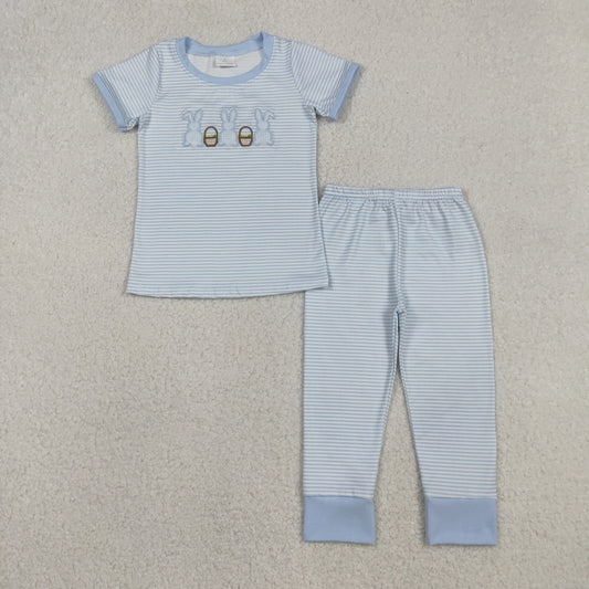 Baby Boys Kids Embroidery Rabbits Eggs Shirt Blue Stripes Pants Easter Pajamas Clothes Set RTS