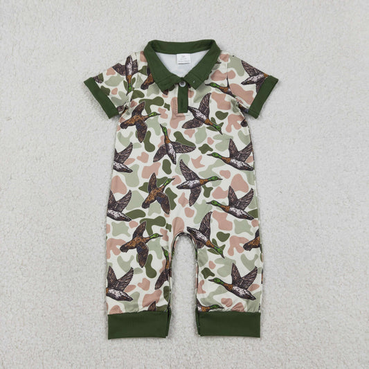 Baby Boys Short Sleeves Ducks Camo Hunting Buttons Green Romper RTS