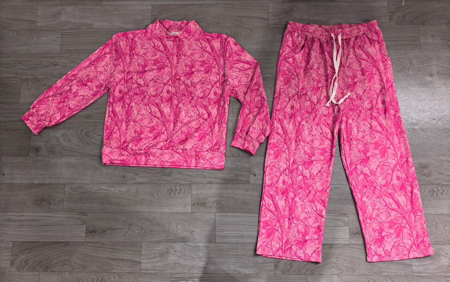 ( No moq ) Preorder Adult Women Long Sleeves Leaves Shirt Camo Pants Pink Set Clothes