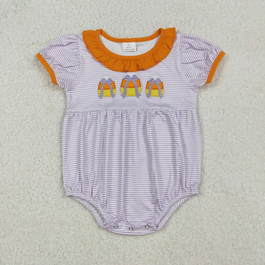 Baby Girl Short Sleeves Embroidery Candy Corn Bows Stripes Halloween Bubble Romper RTS