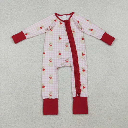 Baby Infant Girls Dogs Hearts Plaid Valentine's Day Zipper Footie Sleeper Romper RTS