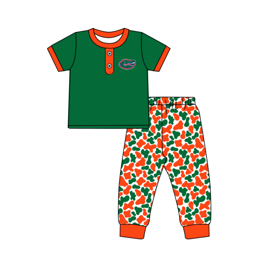 ( Moq 5 ) Baby Boys Green Short Sleeves Buttons Shirt Camo Pants Team Clothes Set