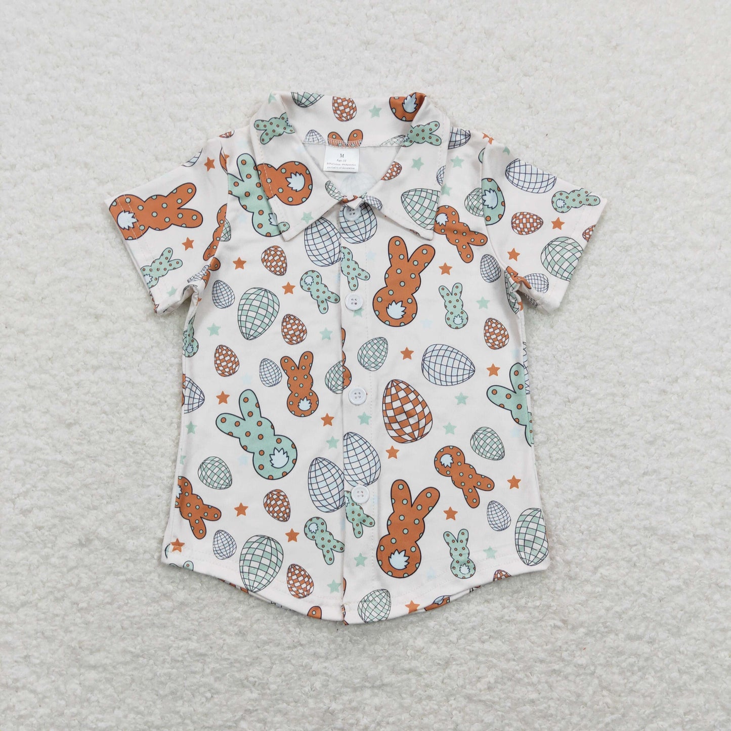 BT0529 Baby Boy Short Sleeves Rabbits Eggs Buttons Easter Shirt