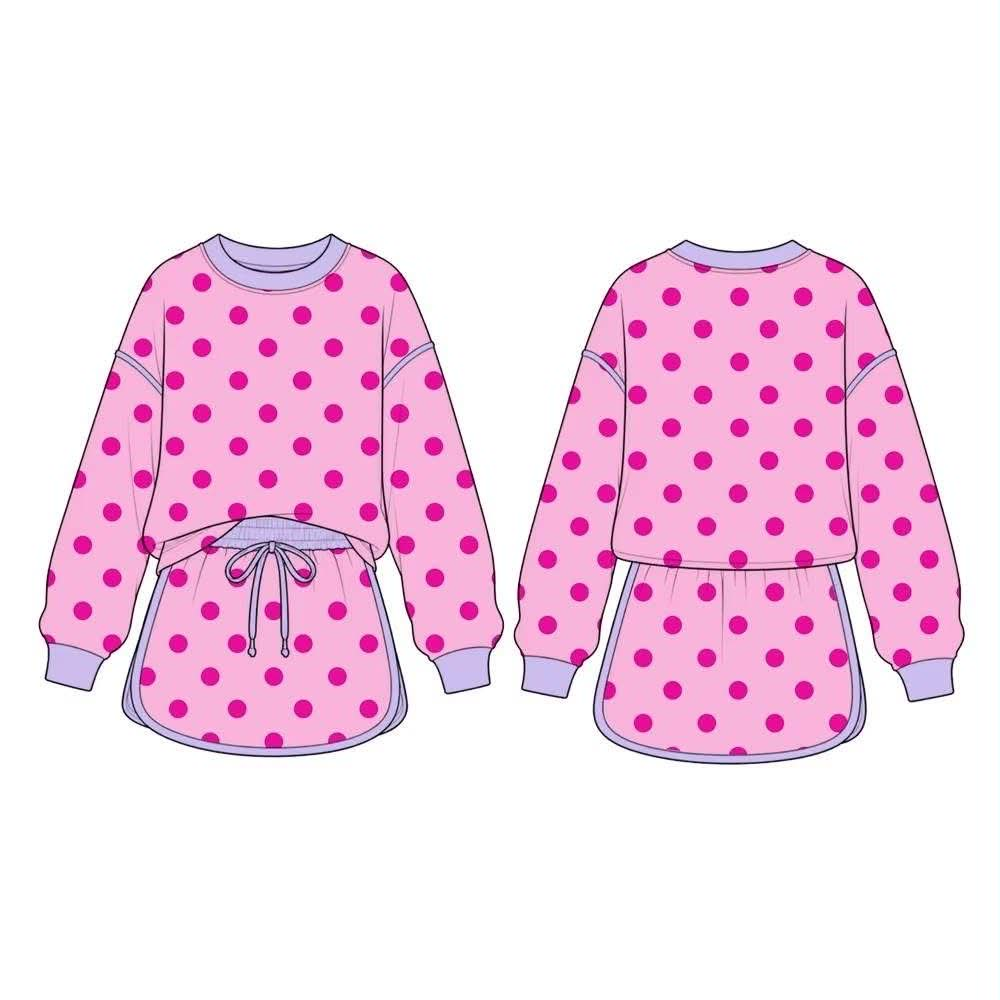 ( Moq 5 ) Preorder Baby Girls Kids Long Sleeves Dots Shirt Skirt Shorts Pink Set Clothes