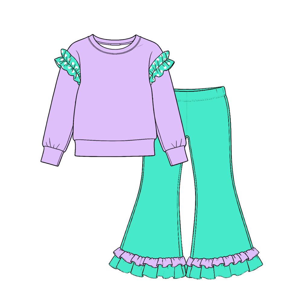( Moq 5 ) Preorder Baby Girls Kids Long Sleeves Purple Shirt Green Pants Cotton Set Clothes