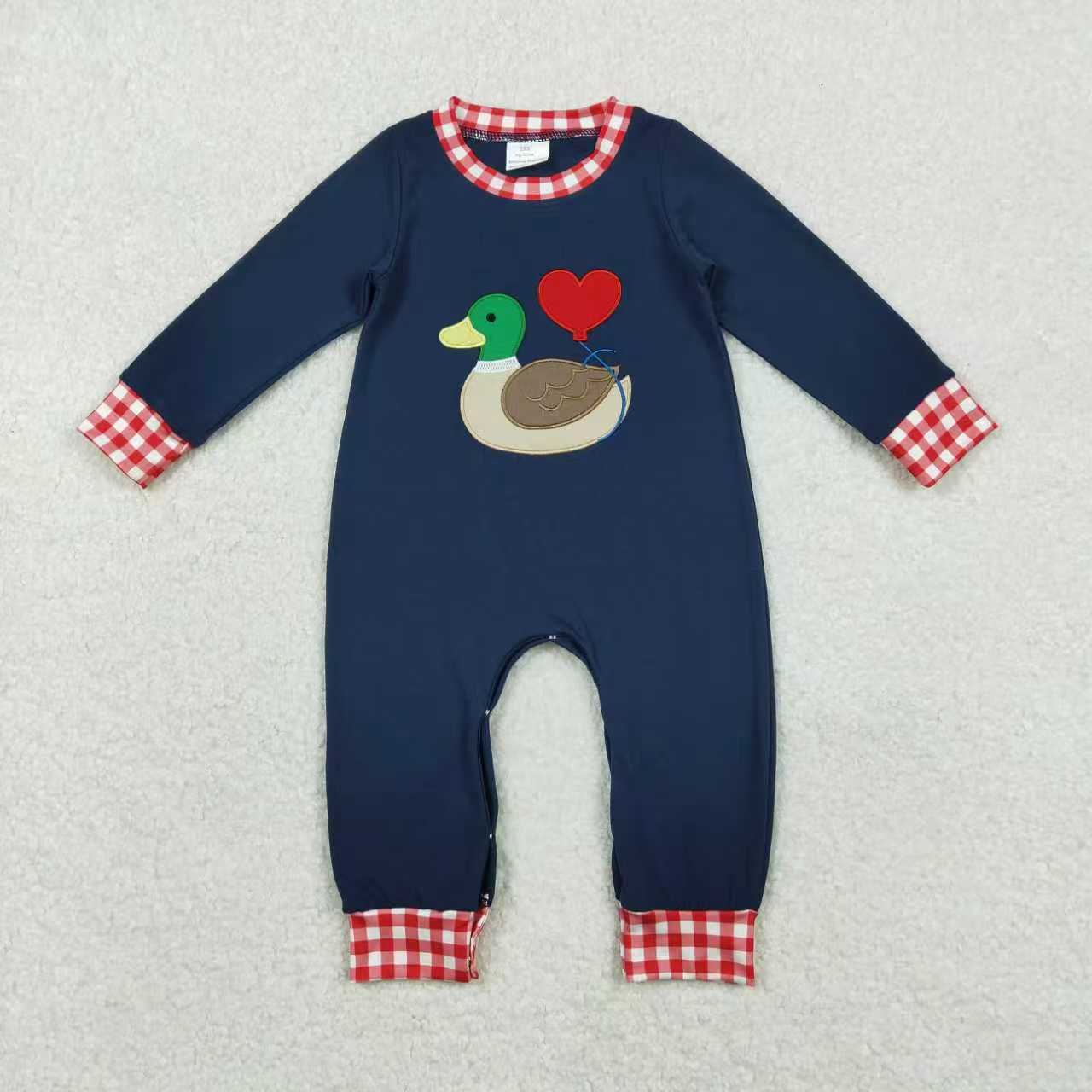 Sibling Boys Girls Kids Long Sleeves Embroidery Ducks Hearts Valentine's Day Rompers Sets RTS