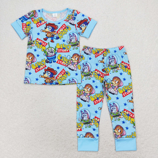 Baby Boy Short Sleeves Dogs Blue Shirt Pants Pajamas Set