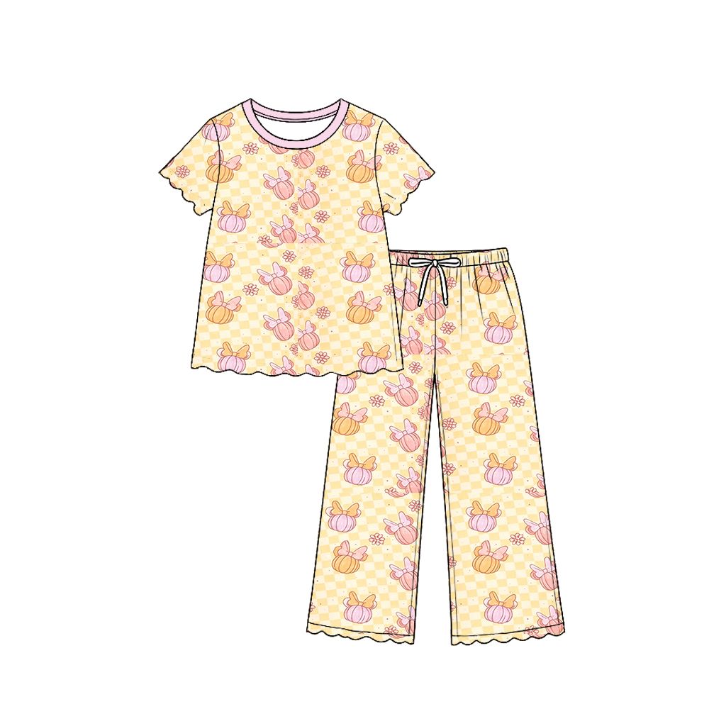 ( Moq 5 ) Preorder Baby Girls Kids Cartoon Pumpkins Bows Flower Tops Pants Scallop Fall Set Clothes