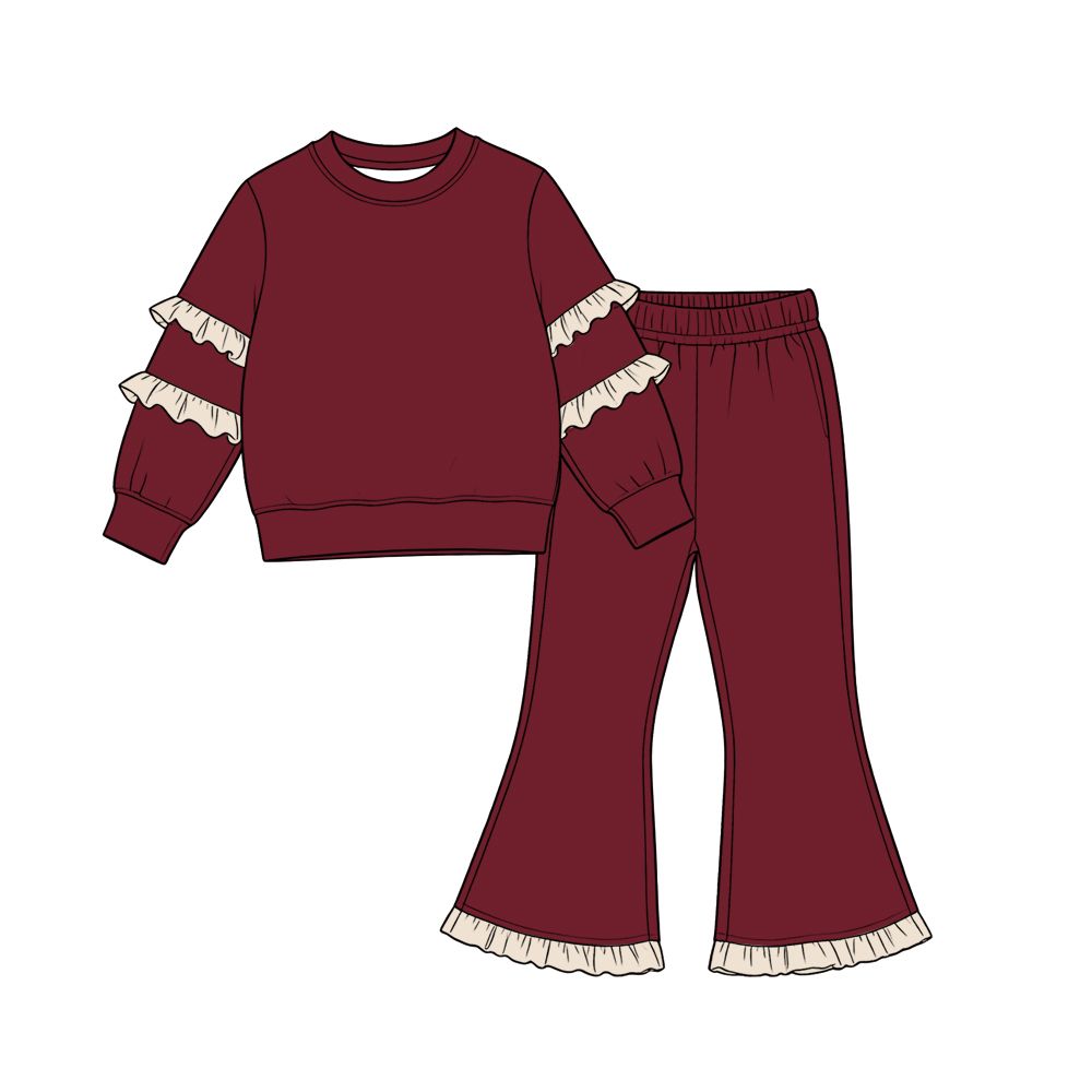 ( Moq 5 ) Preorder Baby Girls Kids Pink Ruffle Shirt Bell Pants Dark Red Set Cotton Clothes