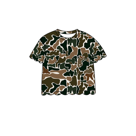 ( Moq 5 ) Preorder Baby Girls Kids Short Sleeves Green Brown Camo Shirt Scallop Pullover Kids Clothes