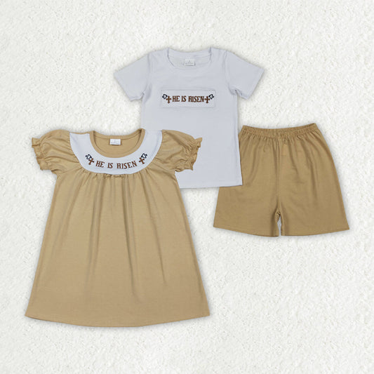 Sibling Baby Boys Girls Short Sleeves Embroidery He is Risen Cross Easter Dress Set RTS