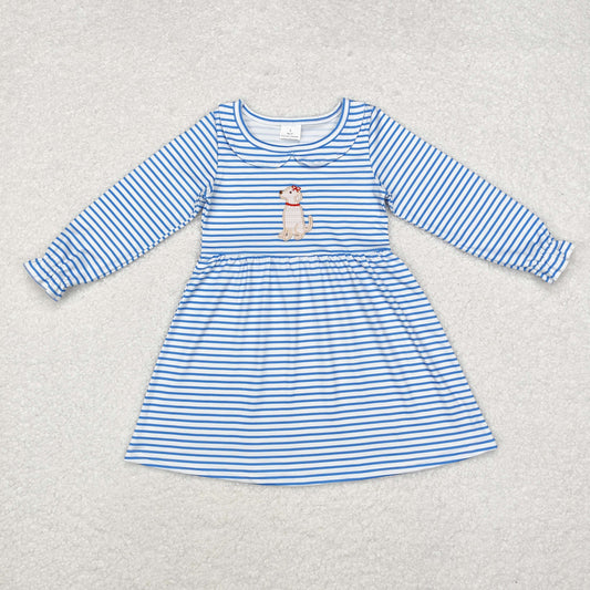 Baby Girl Long Sleeves Blue Stripes Embroidery Dog Dress