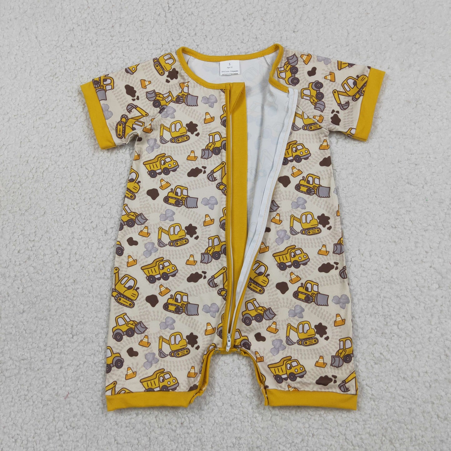Baby Boys Infant Short Sleeves Excavator Yellow Zipper Romper Clothes RTS