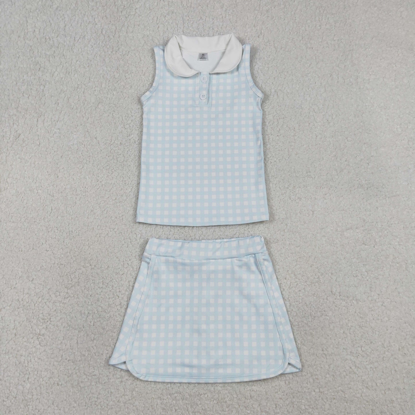 Baby Girls Sleeveless Blue Plaid Buttons Tops Skirt Shorts Yoga Clothes Set RTS
