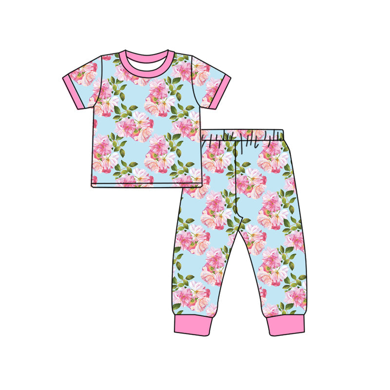 Baby Girl Short Sleeves Flower Shirt Pants Pajamas Set Moq 5