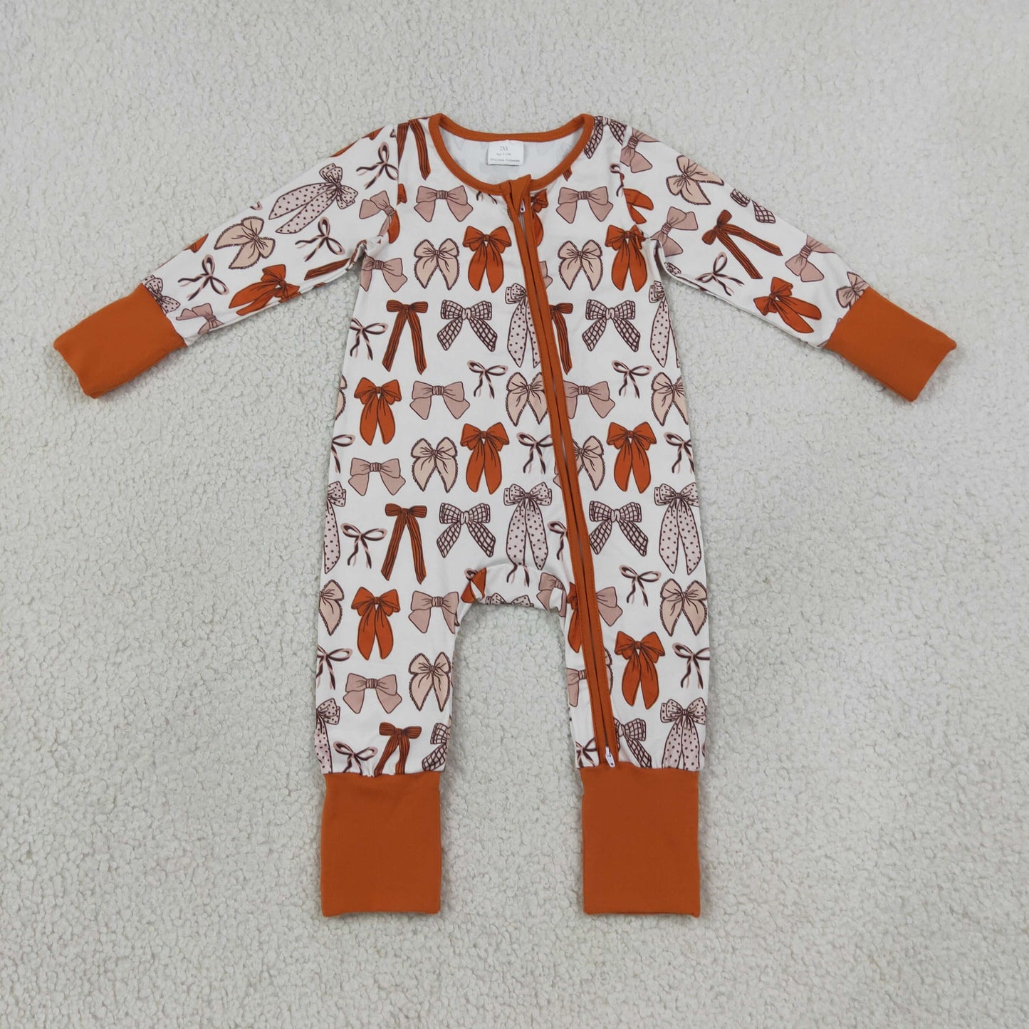 Baby Girls Kids Long Sleeves Bows Zipper Sleeper Footie Romper Brown Clothes RTS