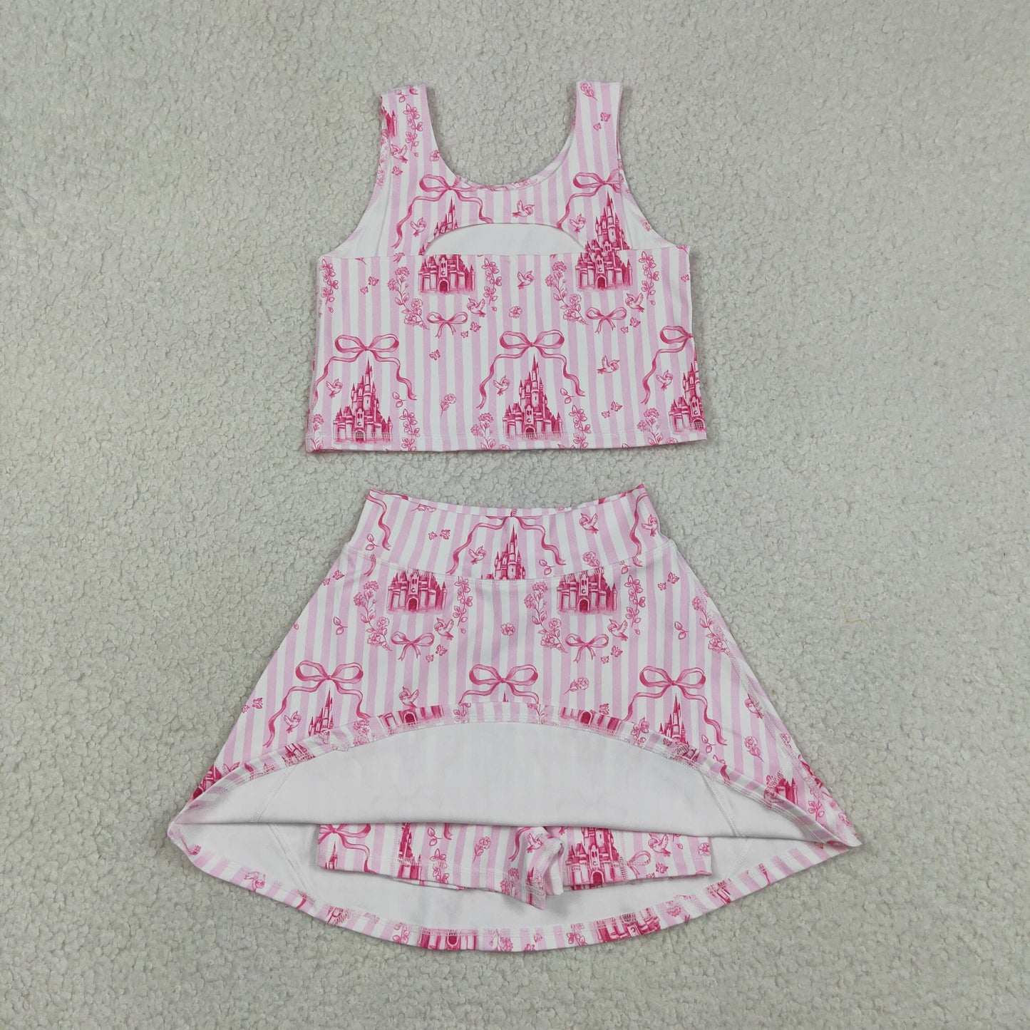 Baby Girls Kids Castles Bows Floral Tops Pink Skirt Shorts Yoga Summer Set RTS