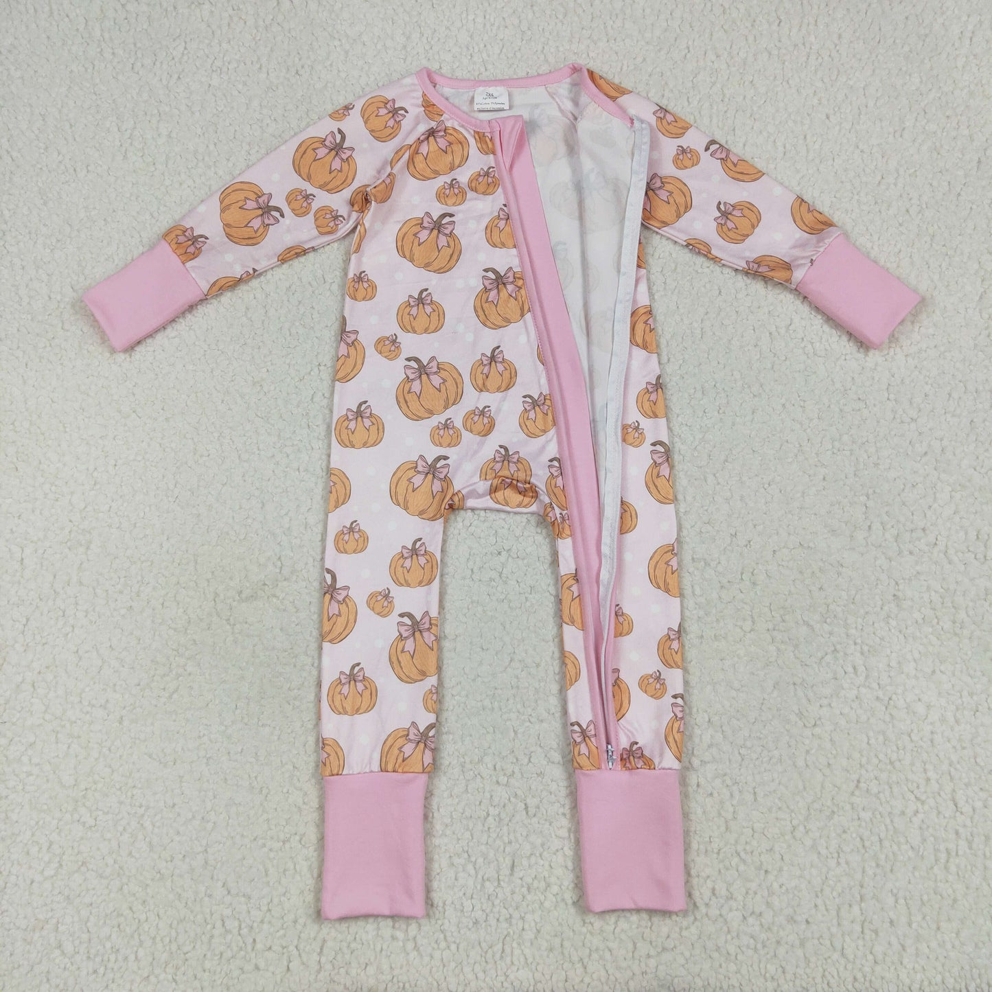 Baby Girl Long Sleeves Bows Pumpkins Zipper Fall Pink Romper RTS
