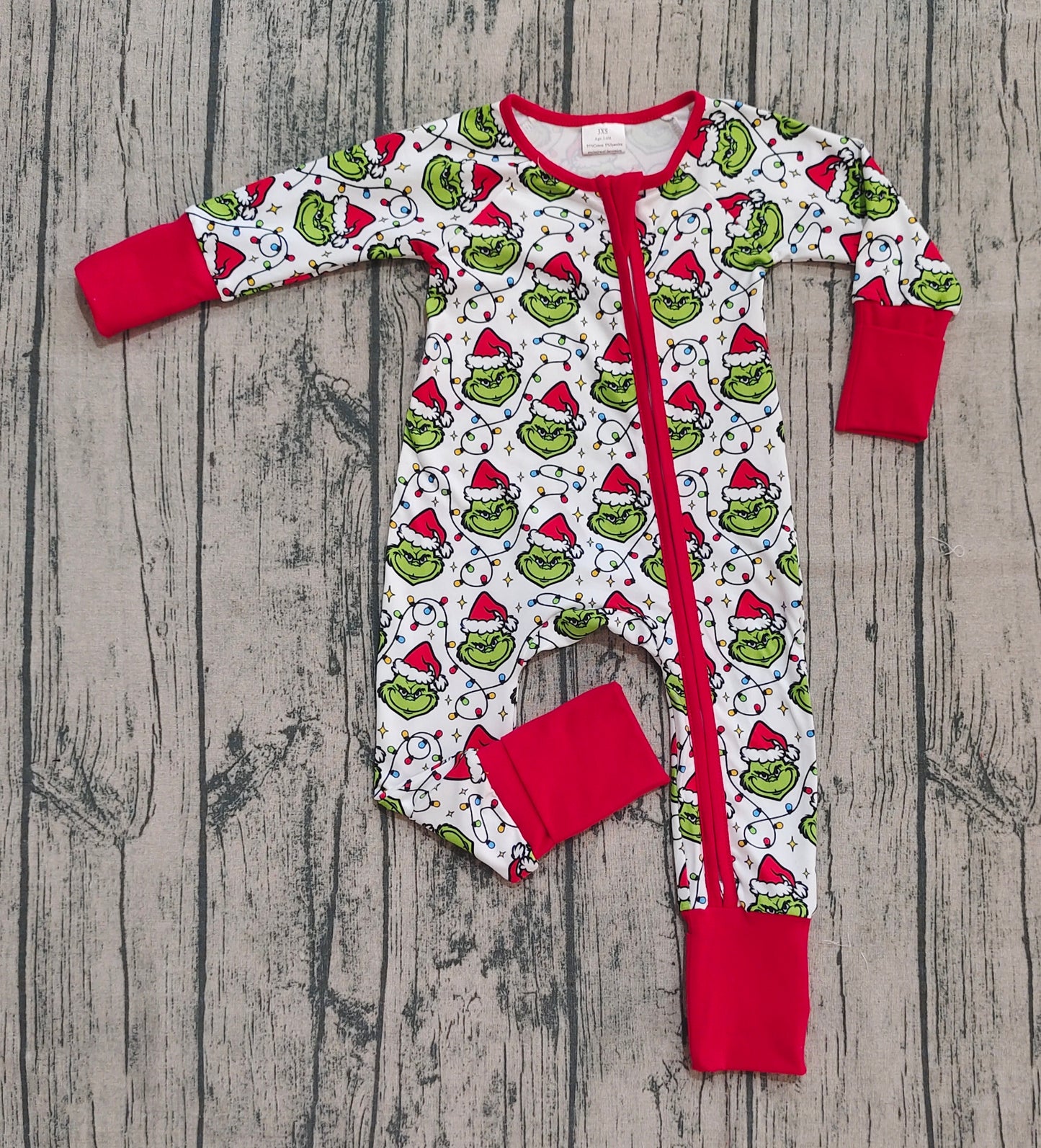 ( No moq ) Preorder Baby Kids Infant Long Sleeves Green Face Lights Christmas Zipper Romper