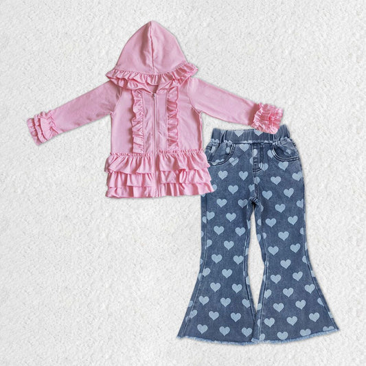 GLP1145 Baby Girl Pink Hoodie Cardigan Hearts Denim Pants Set