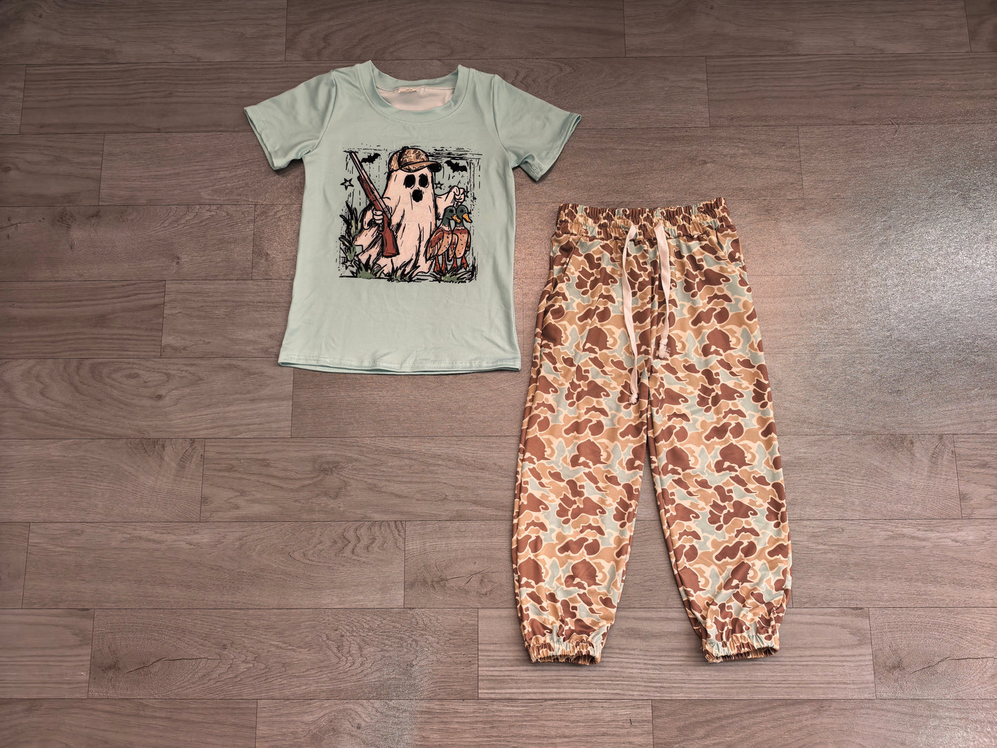 ( No moq ) Preorder Baby Boys Kids Ghost Ducks Shirt Camo Pockets Pants Hunting Halloween Set Green Clothes