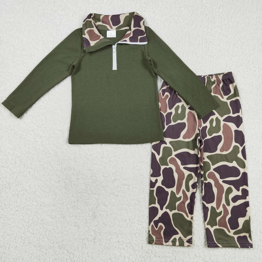 Baby Boy Long Sleeves Zipper Cotton Dark Green Shirt Camo Pants Set RTS