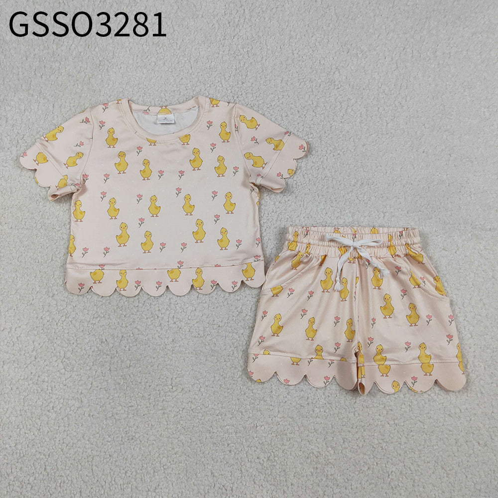 Baby Girls Toddler Short Sleeves Ducks Flower Shirt Scallop Shorts Summer Set RTS