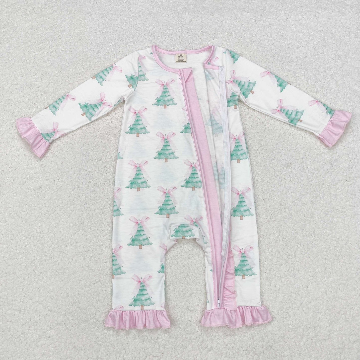 Baby Girl Long Sleeves Christmas Tree Bows Zipper Bamboo Romper