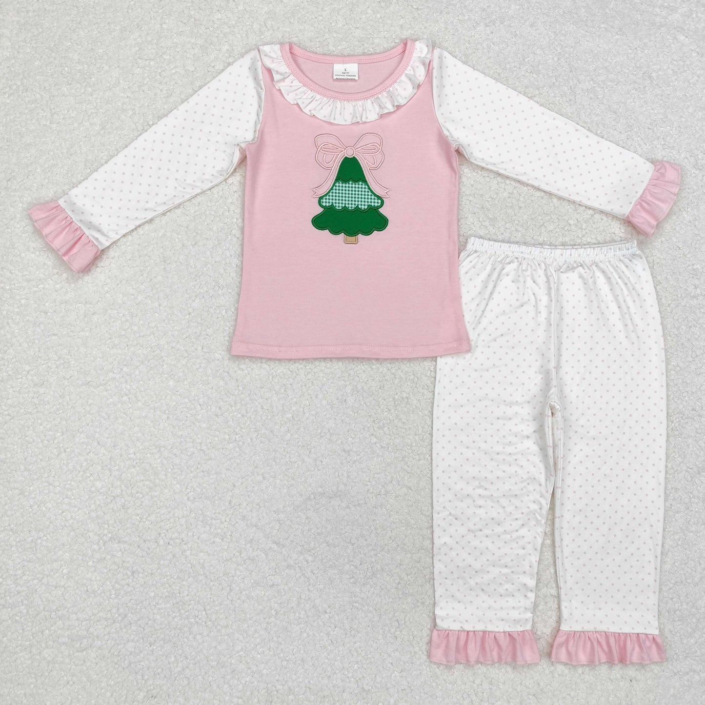 Baby Girl Embroidery Christmas Tree Bow Shirt Pants Pajamas Set