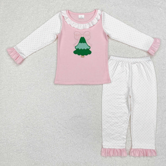 Baby Girl Embroidery Christmas Tree Bow Shirt Pants Pajamas Set